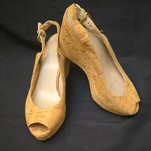 Stuart Weizman Wedge Peep-Toe Slingback Heels in Cork